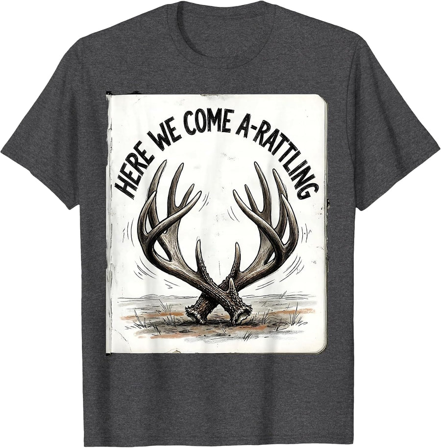 Men's Here We Come A-Rattling Funny Christmas Deer Hunter Hunting T-Shirt - Dark Heather Grey