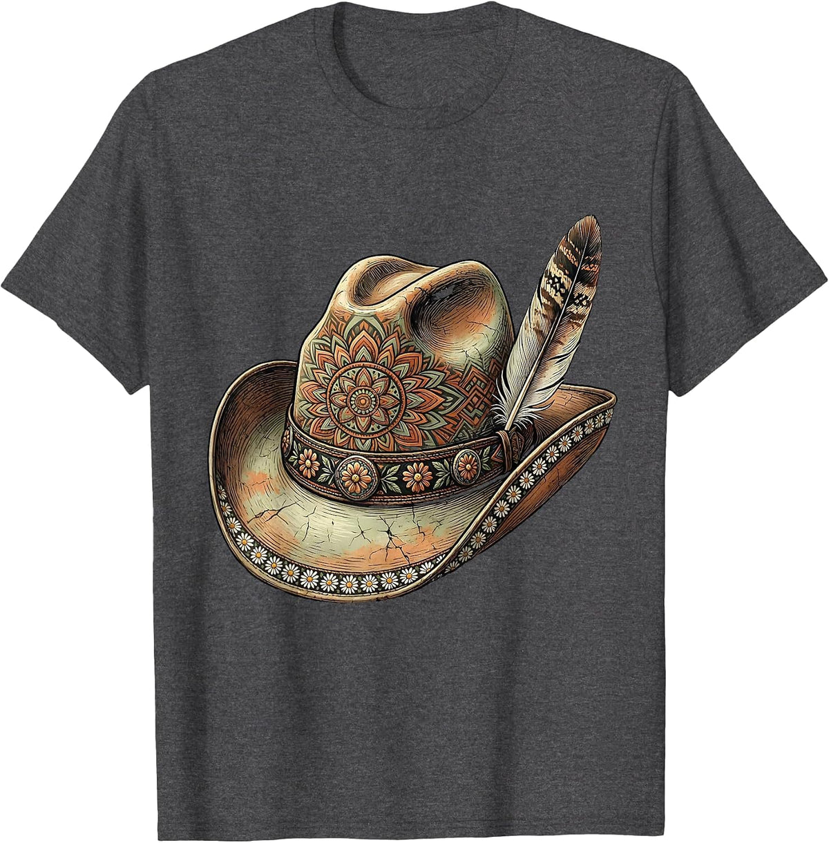 Men's Cowboy Hat Turquoise Band and Feather Graphic T-Shirt - Dark Heather Grey