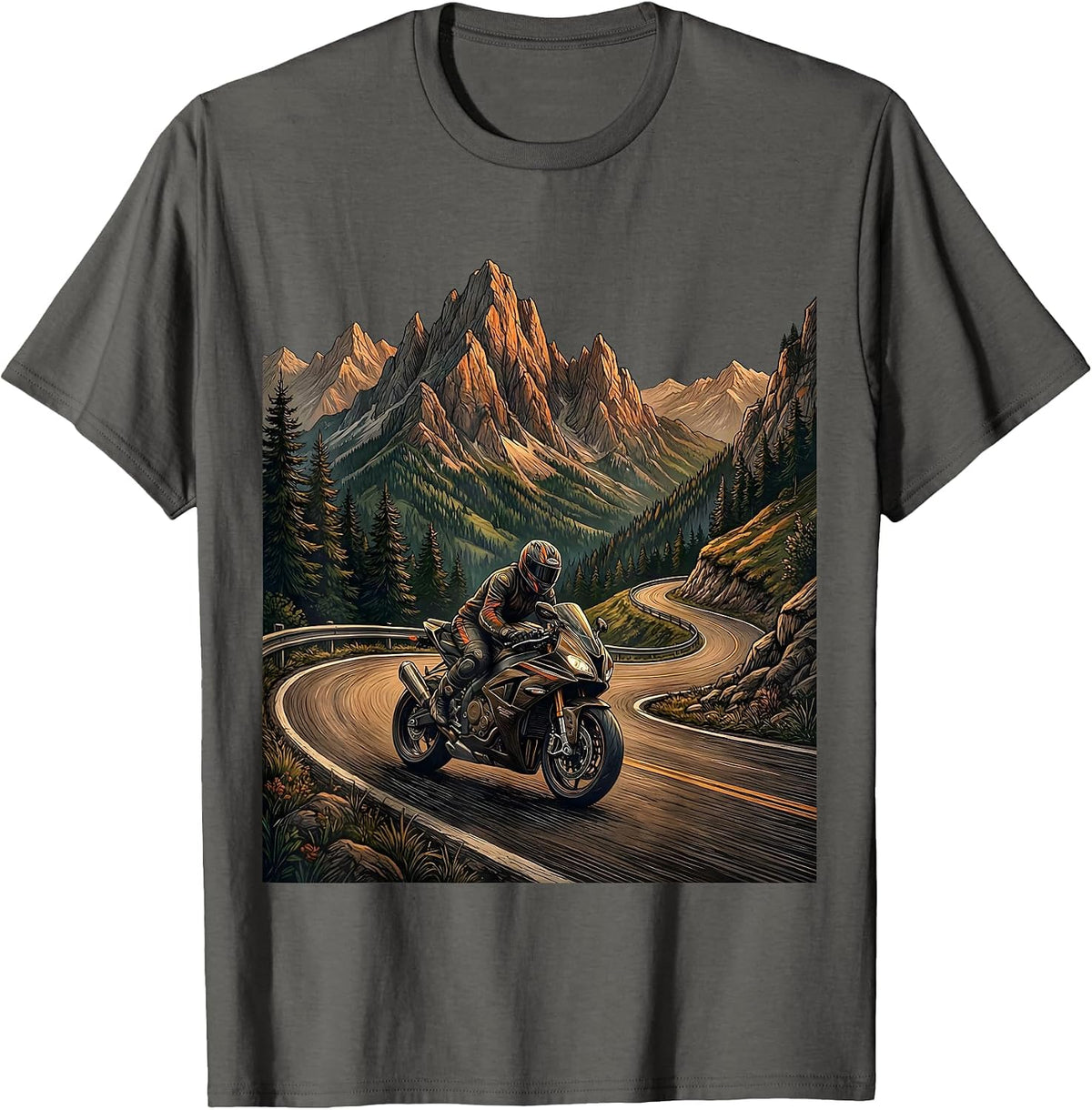 Mountain Road Motorcycle Rider Graphic Tee T-Shirt - Asphalt Grey