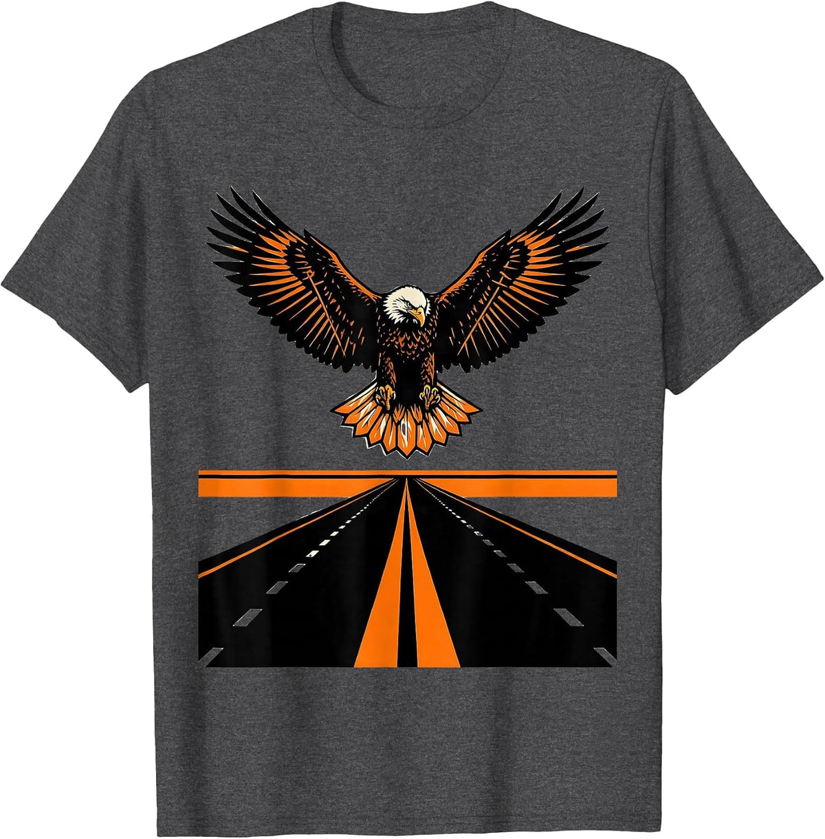 Men's Eagle Soaring Over Open Highway Motorcycle Design T-Shirt - Dark Heather Grey