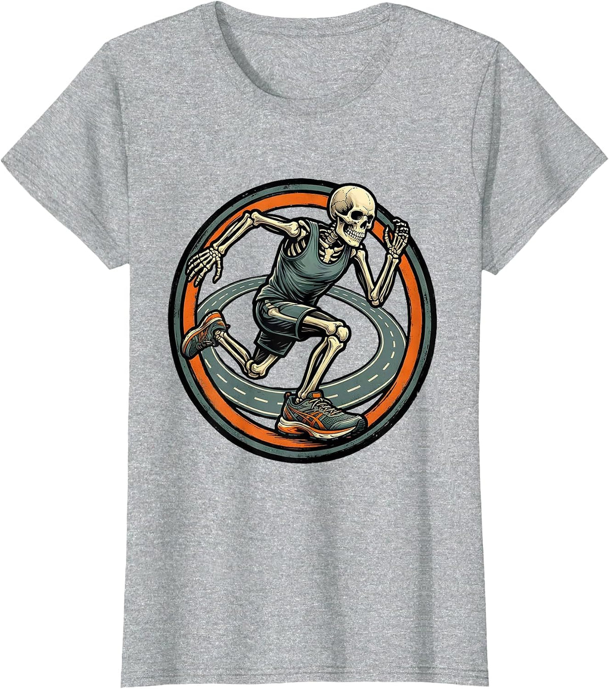 Skeleton Runner Badge Halloween Running Club Humor T-Shirt - Heather Grey