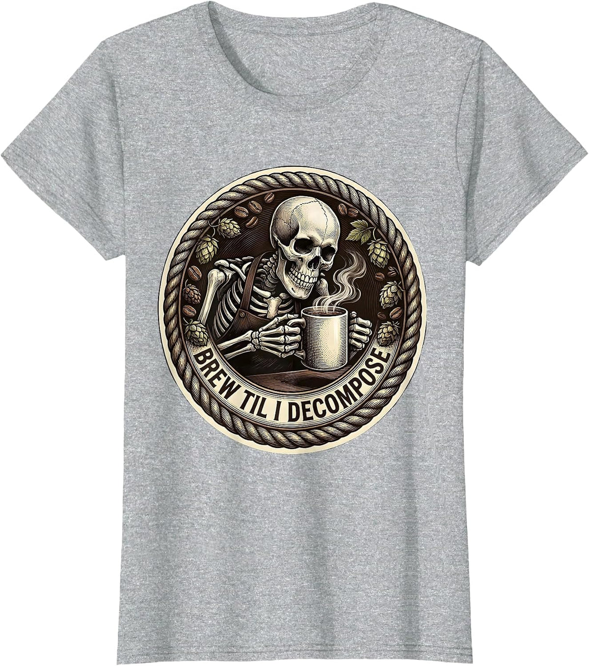 Women's Brew Til I Decompose Funny Skeleton Design T-Shirt - Heather Grey