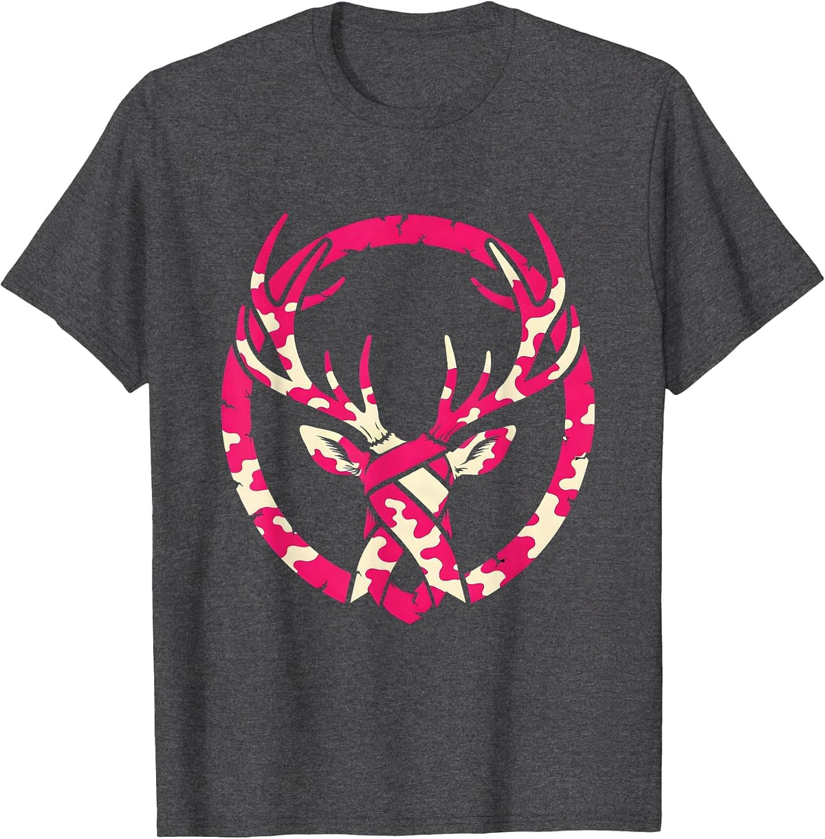 Pink Camo Deer Antlers Ribbon Hunting Design T-Shirt - Dark Heather Grey