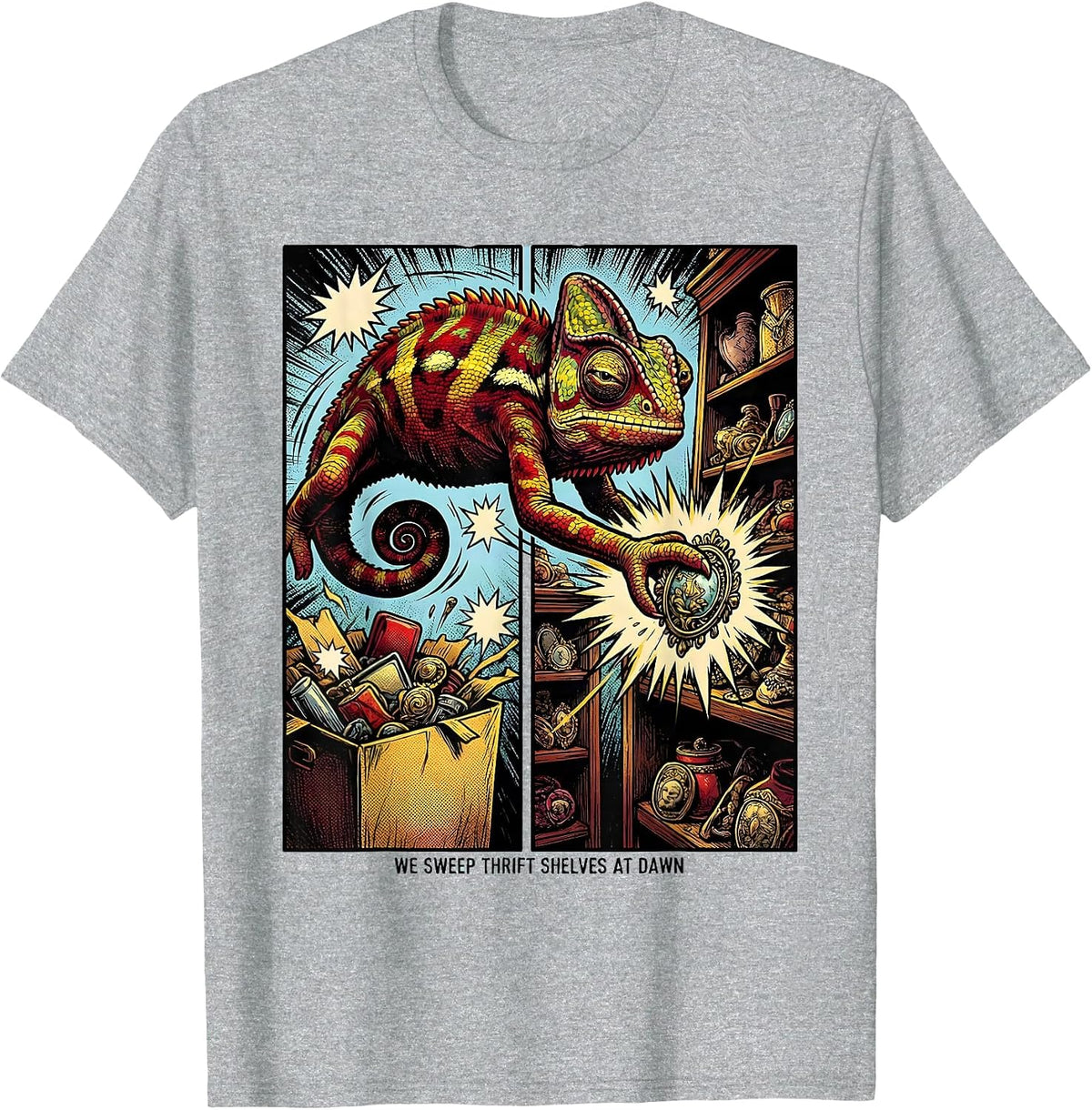 Men's We Sweep Thrift Shelves At Dawn Comic Book Vintage Thrift T-Shirt - Heather Grey