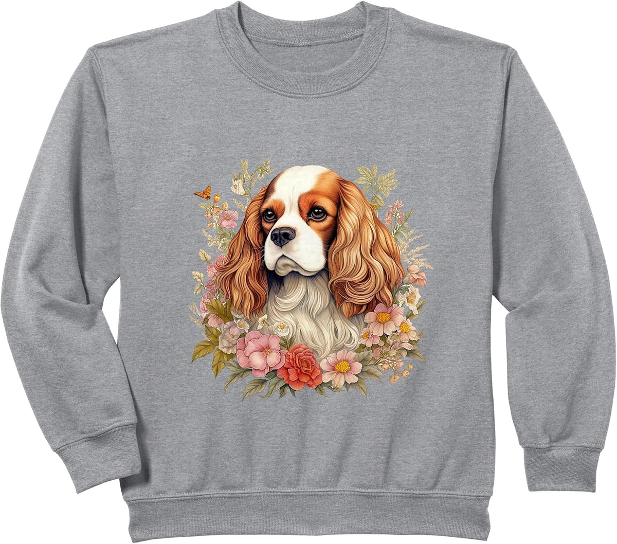 Cavalier King Charles Spaniel Dog with Flowers Floral Sweatshirt - Heather Grey
