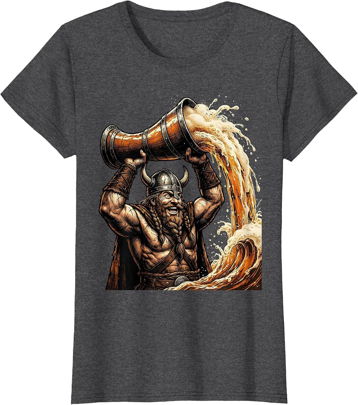 Women's Viking Ale Horn Funny Drinking Graphic Design T-Shirt - Dark Heather Grey