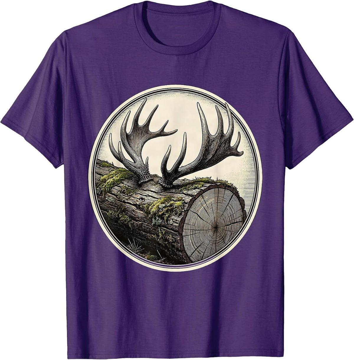 Men's Antler Shed on Mossy Log Hunting Illustration T-Shirt - Purple
