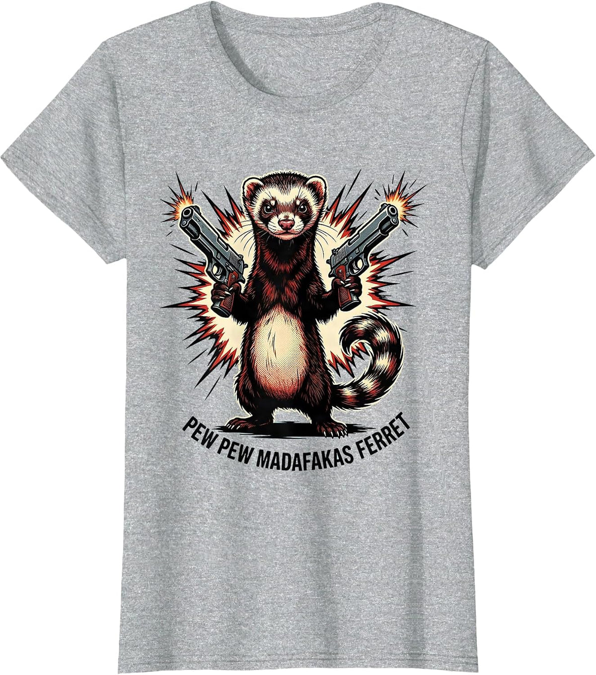 Pew Pew Madafakas Ferret Comic Book Gun Humor Pet Lover T-Shirt - Heather Grey