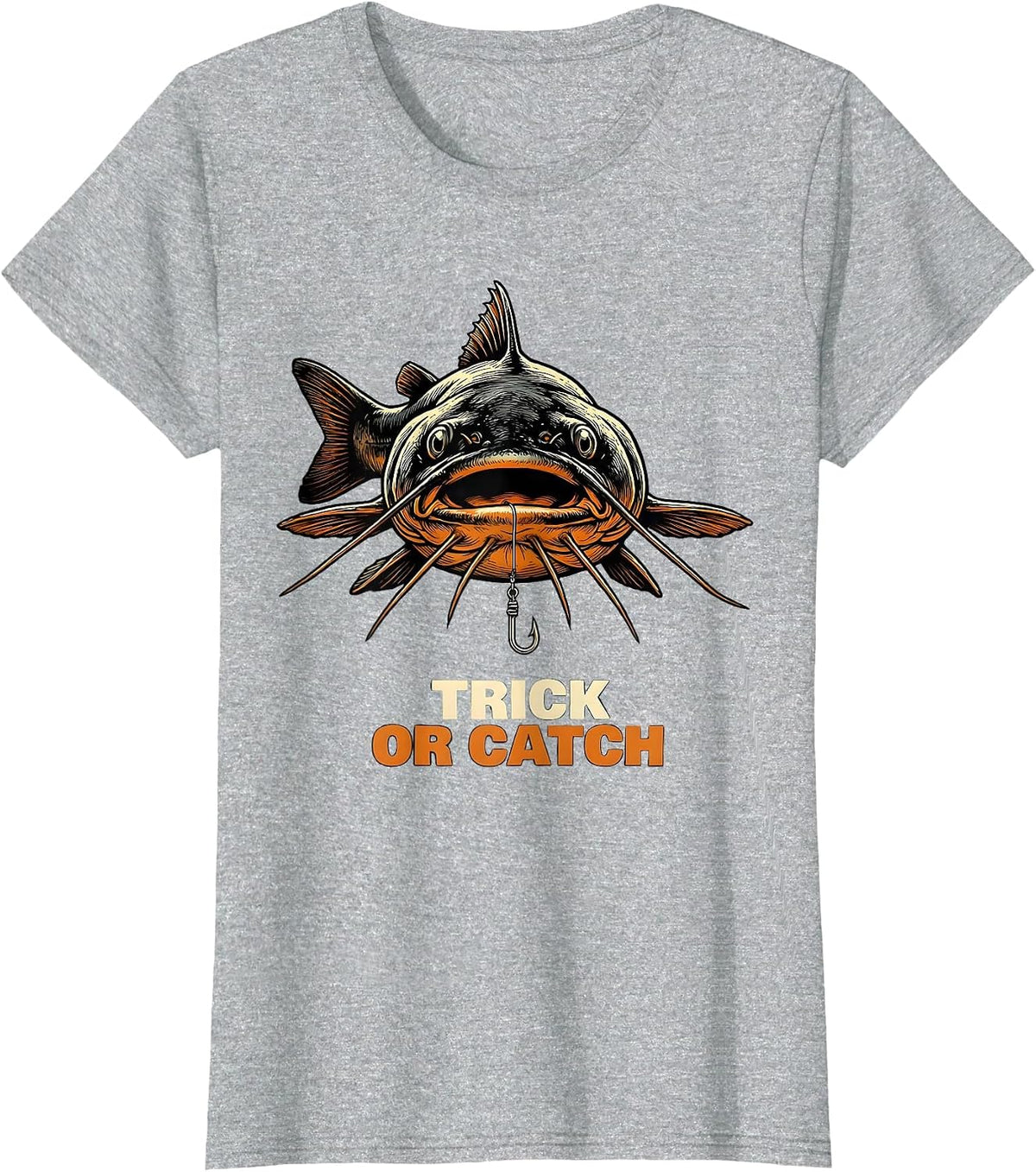 Women's Trick Or Catch Oversized Bullhead Catfish Funny Halloween T-Shirt - Heather Grey