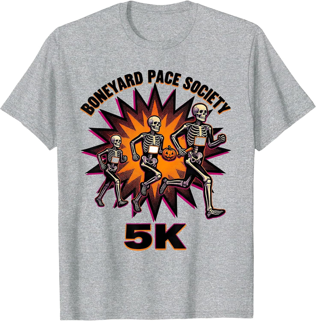 Men's Boneyard Pace Society 5K Funny Halloween Skeleton Runner T-Shirt - Heather Grey
