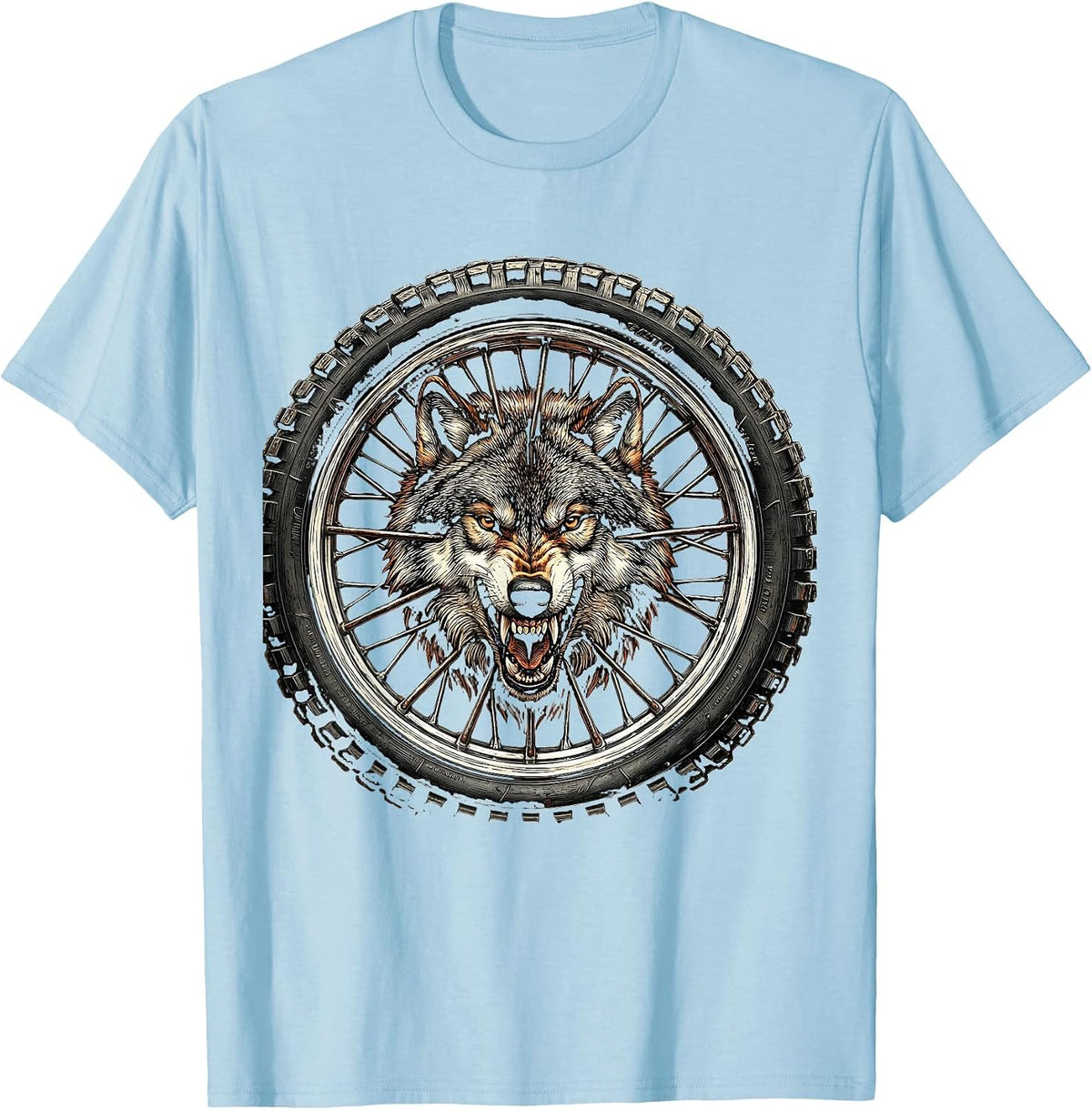 Men's Wolf Head Motorcycle Wheel Biker Graphic T-Shirt - Baby Blue