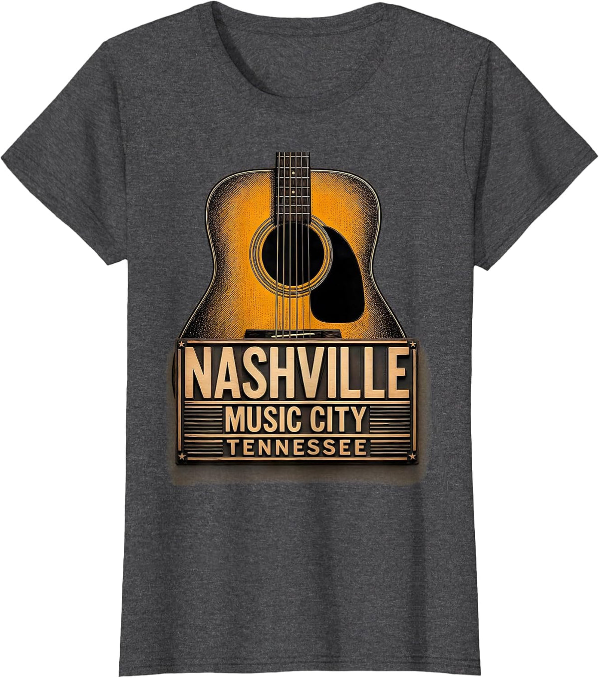 Women's Nashville Music City Tennessee Wood Type Letterpress Guitar T-Shirt - Dark Heather Grey