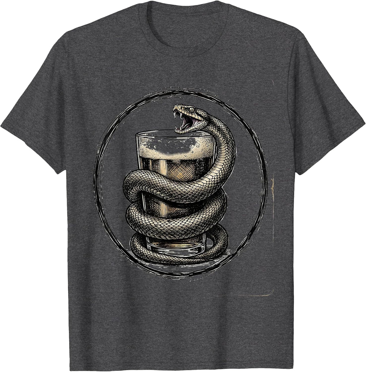 Snake Coiled Around Pint Glass Beer Graphic T-Shirt - Dark Heather Grey