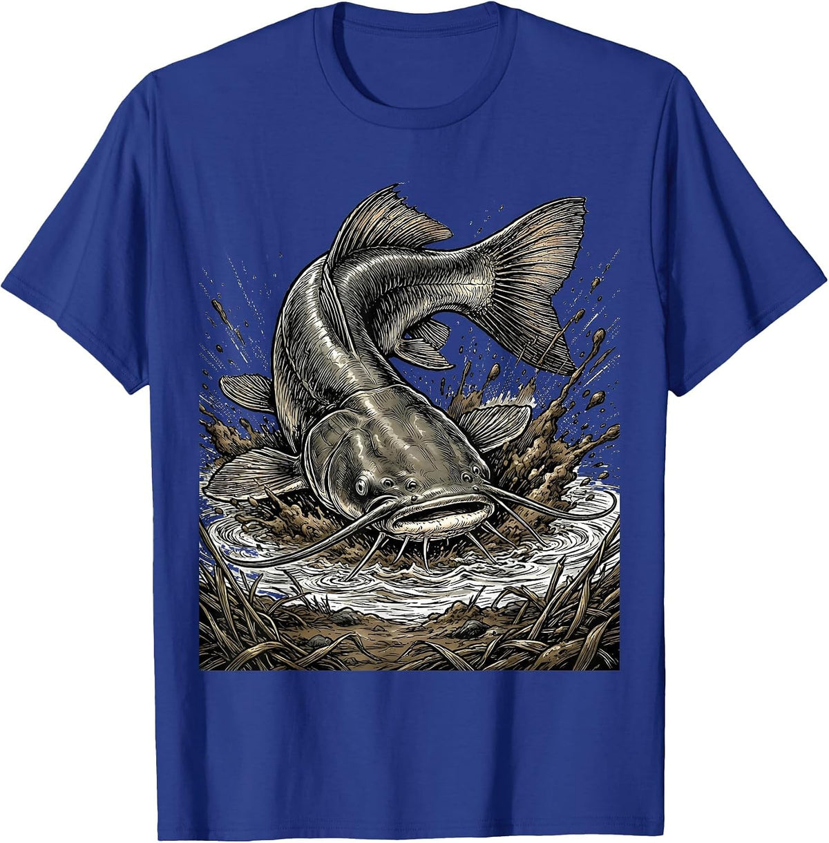 Catfish Muddy River Bank Fishing Graphic T-Shirt - Royal Blue