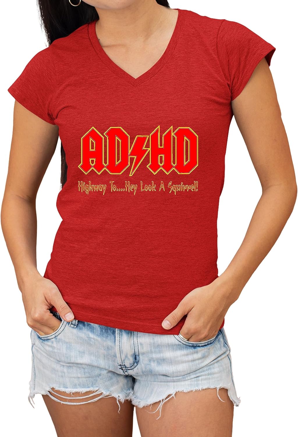 Go All Out ADHD Highway to Hey Look A Squirrel Funny Music Women V Neck T-Shirt - Red