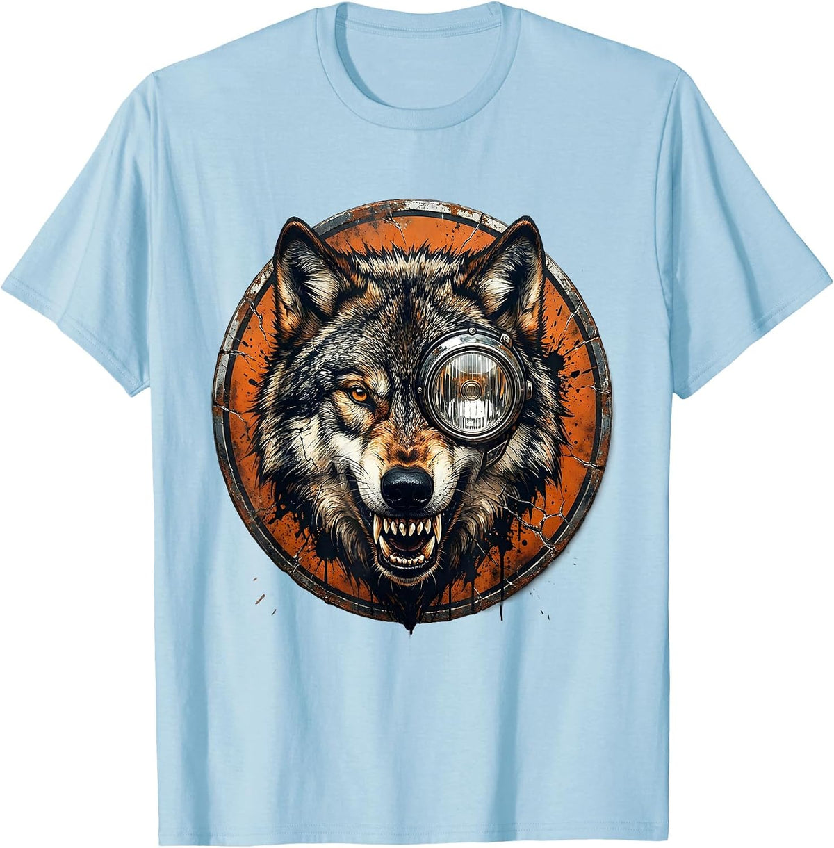 Men's Wolf Head Motorcycle Headlight Graphic Tee T-Shirt - Baby Blue