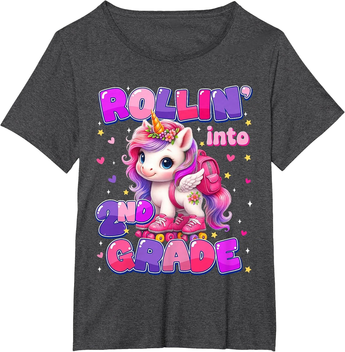 Rolling Into 2nd Grade Unicorn First Day of School Girls T-Shirt - Dark Heather Grey