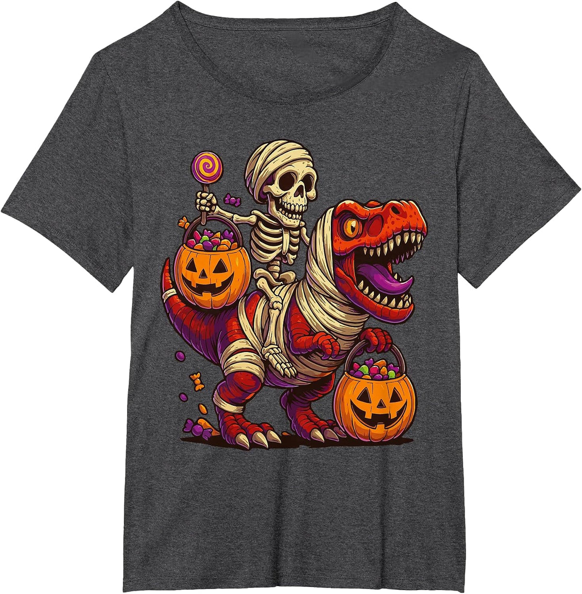 Skeleton Riding Mummy Dinosaur T rex Halloween Funny Pumpkin T-Shirt - Dark Heather Grey