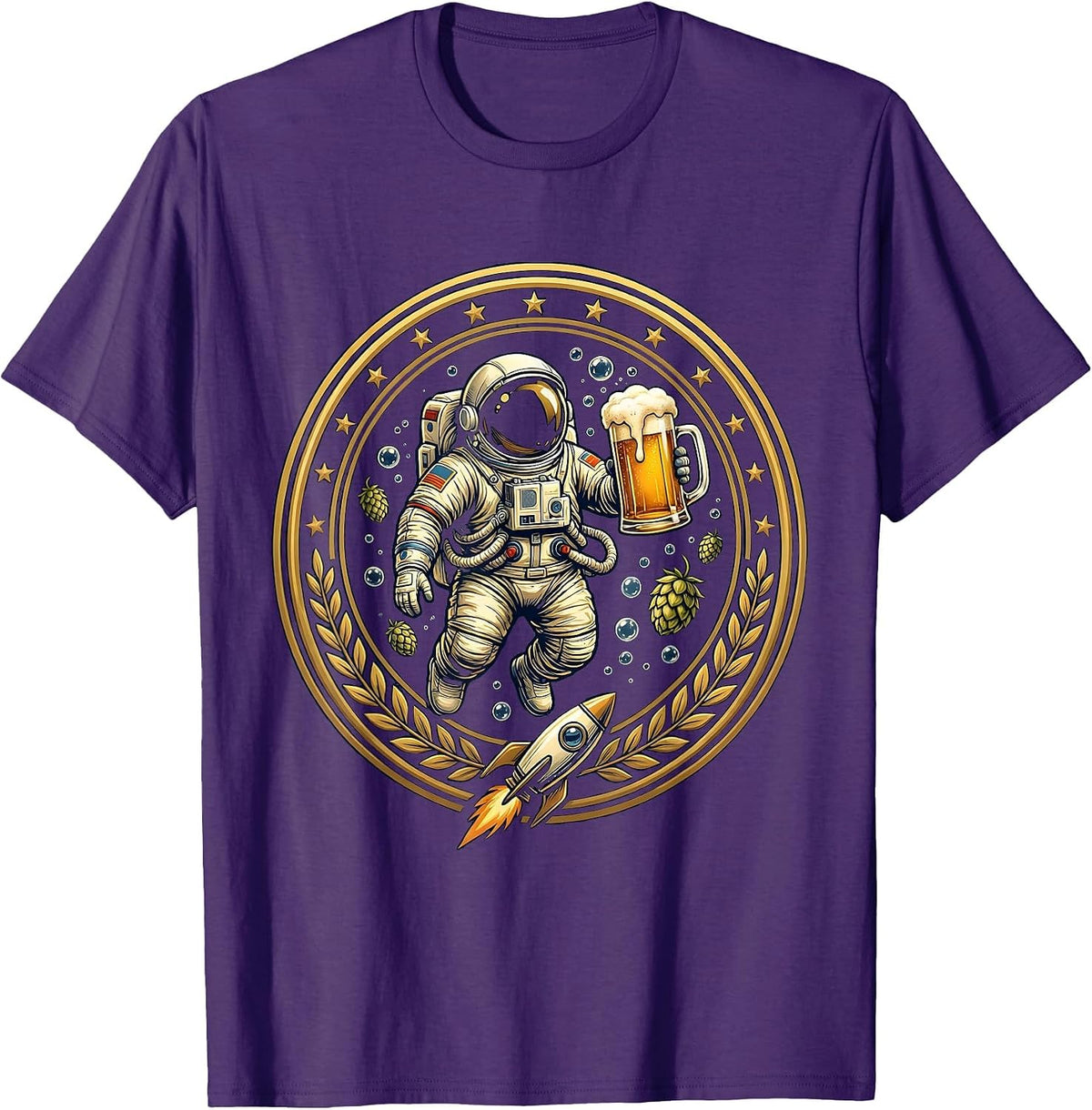 Astronaut Floating With Beer Mug in Space T-Shirt - Purple