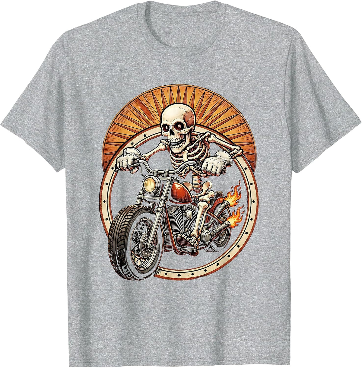Men's Skeleton Chopper Motorcycle Sunset Rider T-Shirt - Heather Grey