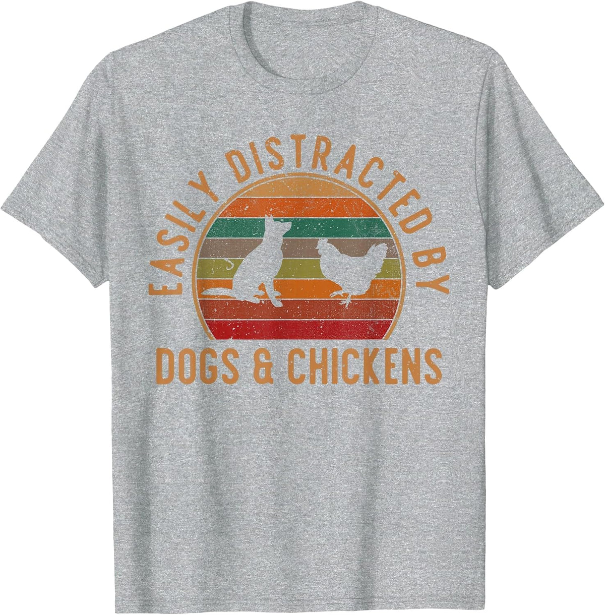 Easily Distracted By Dogs and Chickens Retro Vintage Funny T-Shirt - Heather Grey