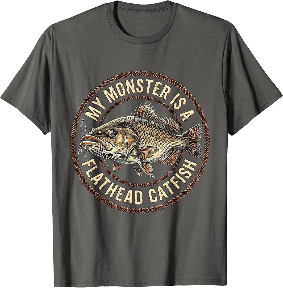 Men's My Monster Is A Flathead Catfish Funny Halloween Fishing T-Shirt - Asphalt Grey