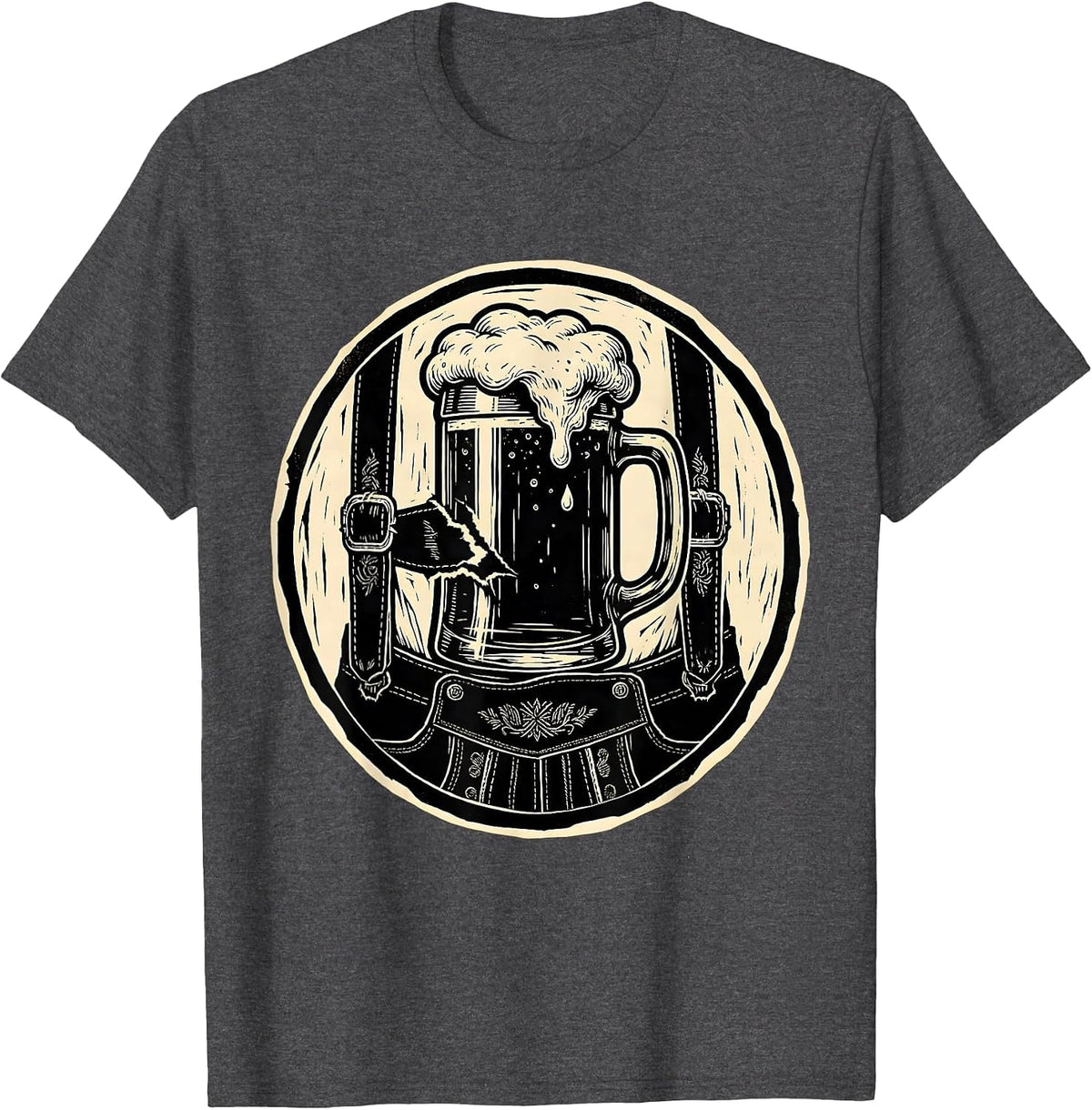 Beer Stein Bursting Through Lederhosen Pocket T-Shirt - Dark Heather Grey