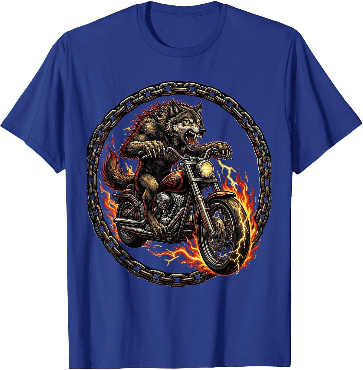 Men's Wolf Riding Chopper Motorcycle Biker Graphic T-Shirt - Royal Blue