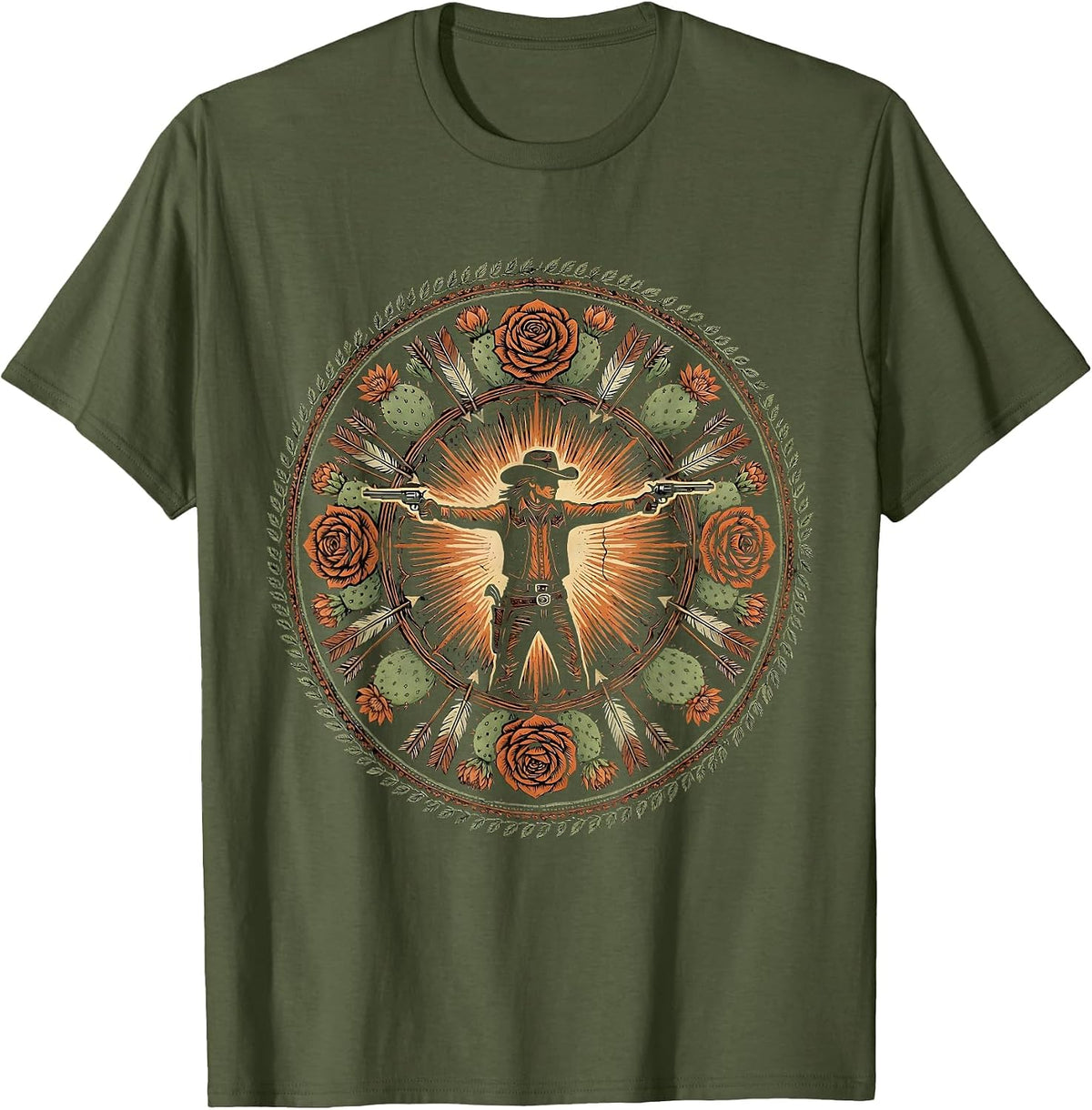 Cowgirl Desert Standoff Drawing Pistol Graphic T-Shirt - Olive Green