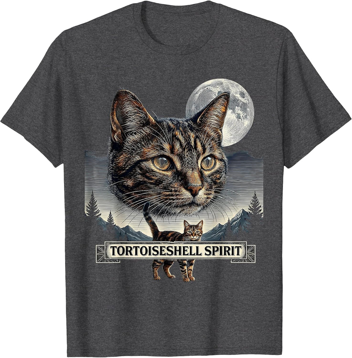 Tortoiseshell Spirit Crosshatch Etching 90s Retro Cat Art T-Shirt - Dark Heather Grey