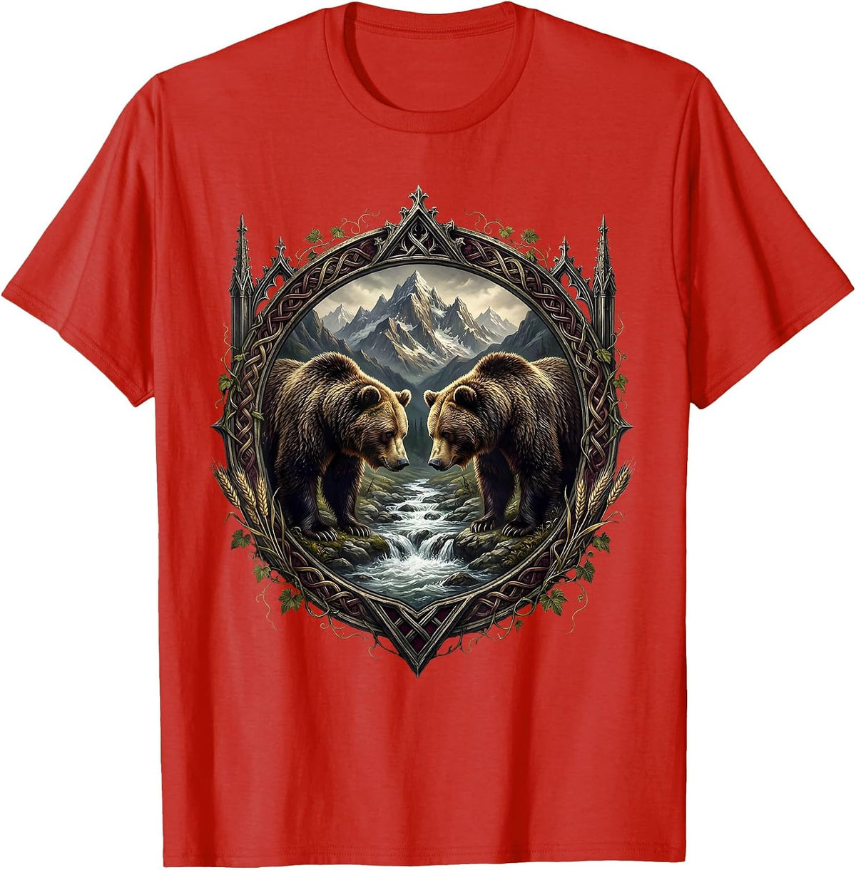 Men's Oktoberfest Bears Mountain Stream Illustration T-Shirt - Red