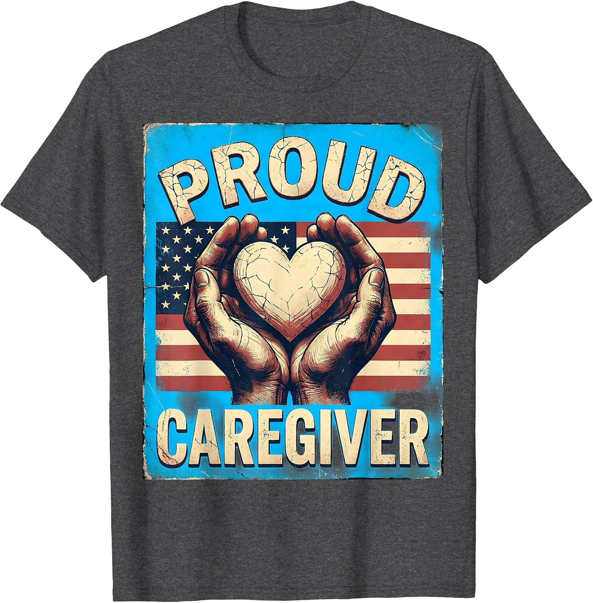 Men's Proud Caregiver Distressed American Flag Caregiver Pride T-Shirt - Dark Heather Grey