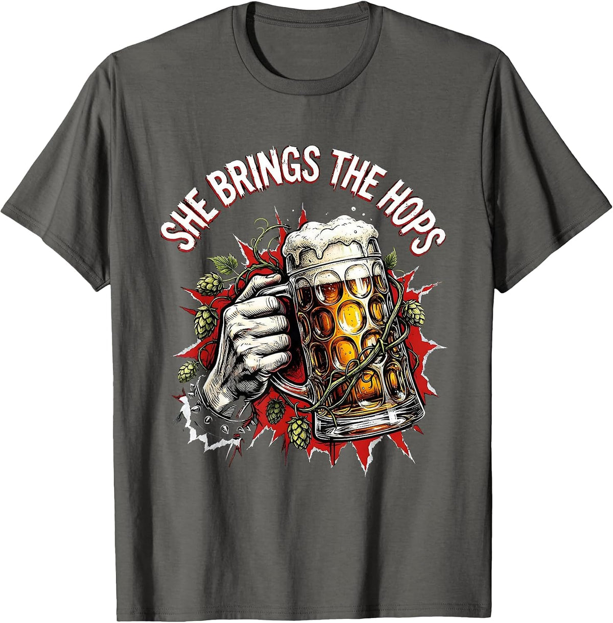 She Brings the Hops Oktoberfest Design T-Shirt - Asphalt Grey