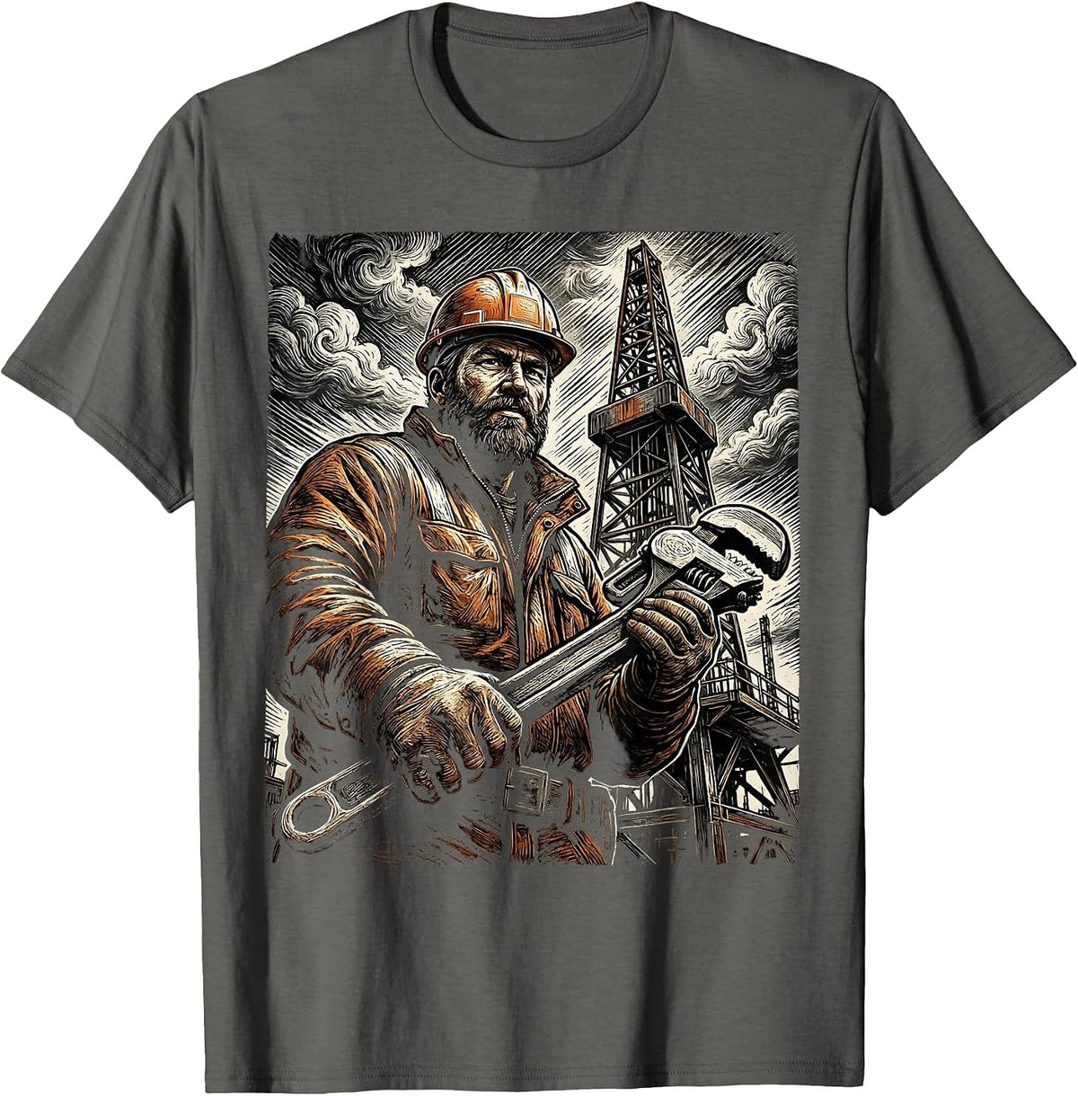 Oil Rig Worker Stormy Sky Illustration T-Shirt - Asphalt Grey
