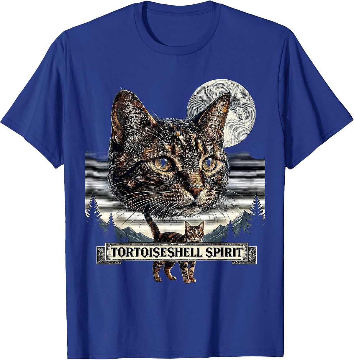 Tortoiseshell Spirit Crosshatch Etching 90s Retro Cat Art T-Shirt - Royal Blue