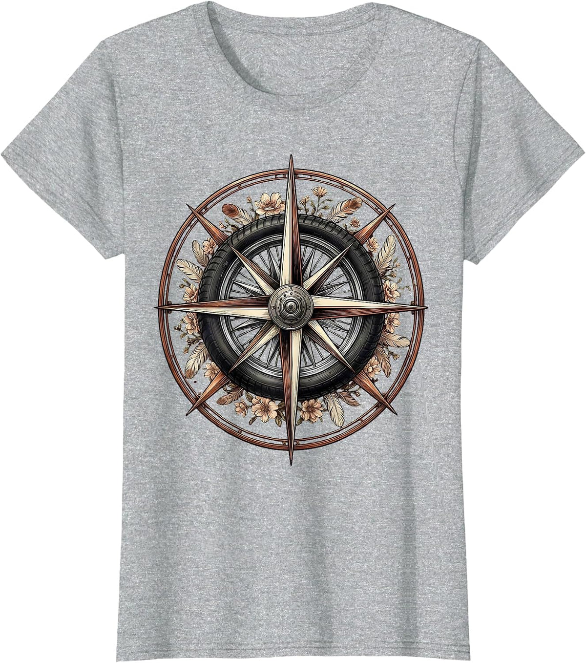 Women's Compass Rose Motorcycle Spoke Wheel Biker Design T-Shirt - Heather Grey
