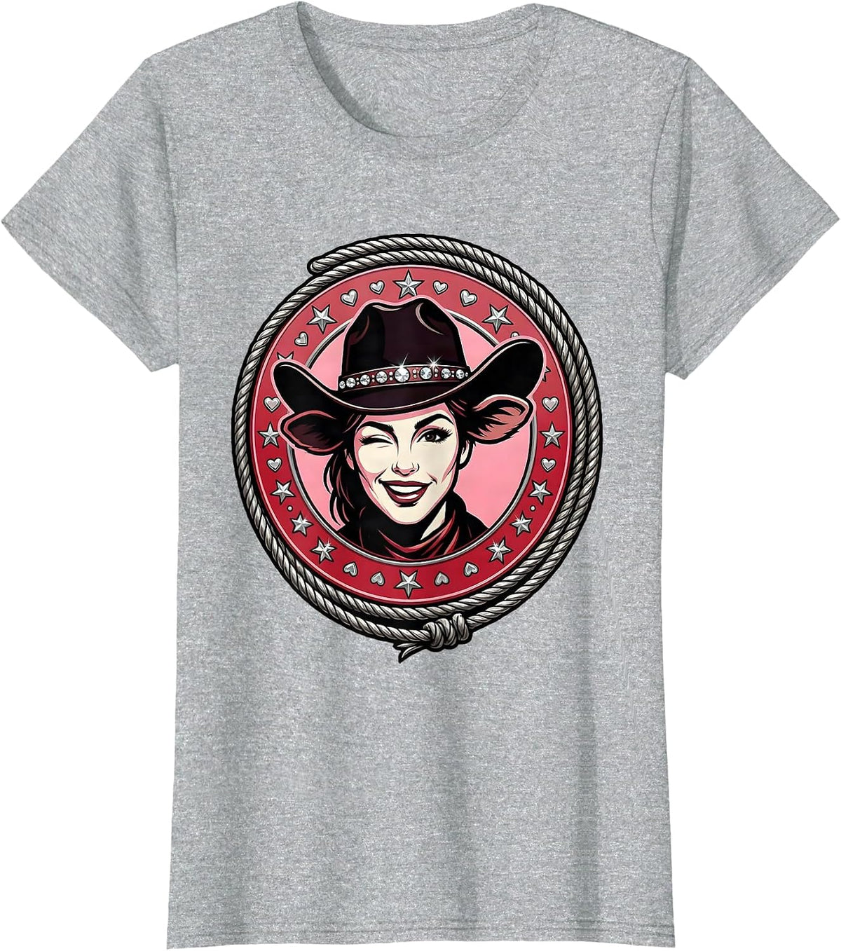 Winking Cowgirl Hat Tipped Graphic Design T-Shirt - Heather Grey