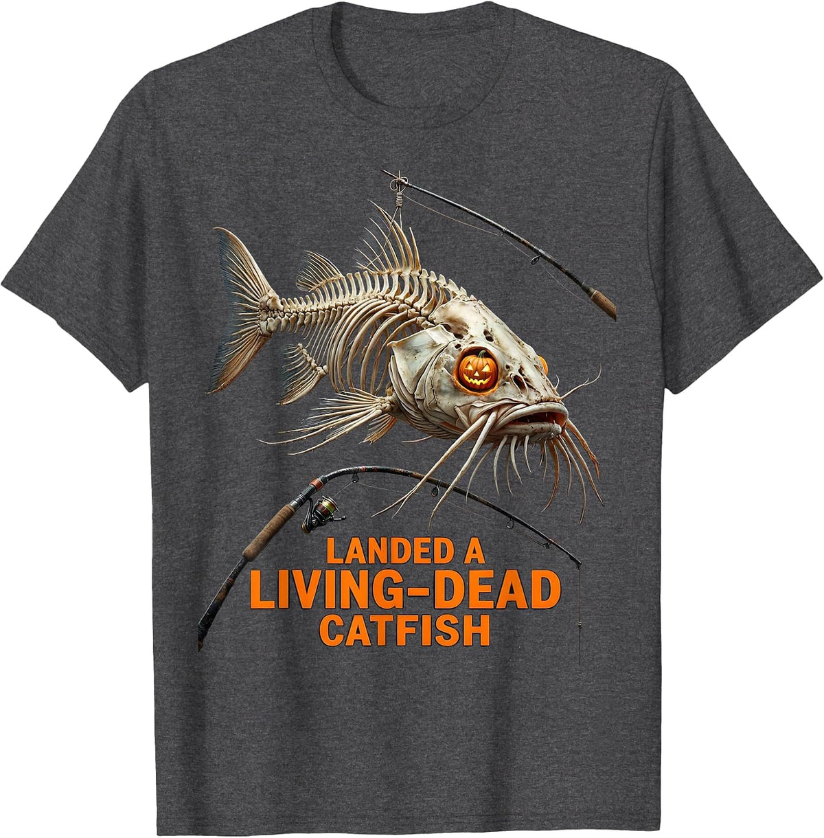 Landed A Living-Dead Catfish Skeleton Halloween Fishing T-Shirt - Dark Heather Grey
