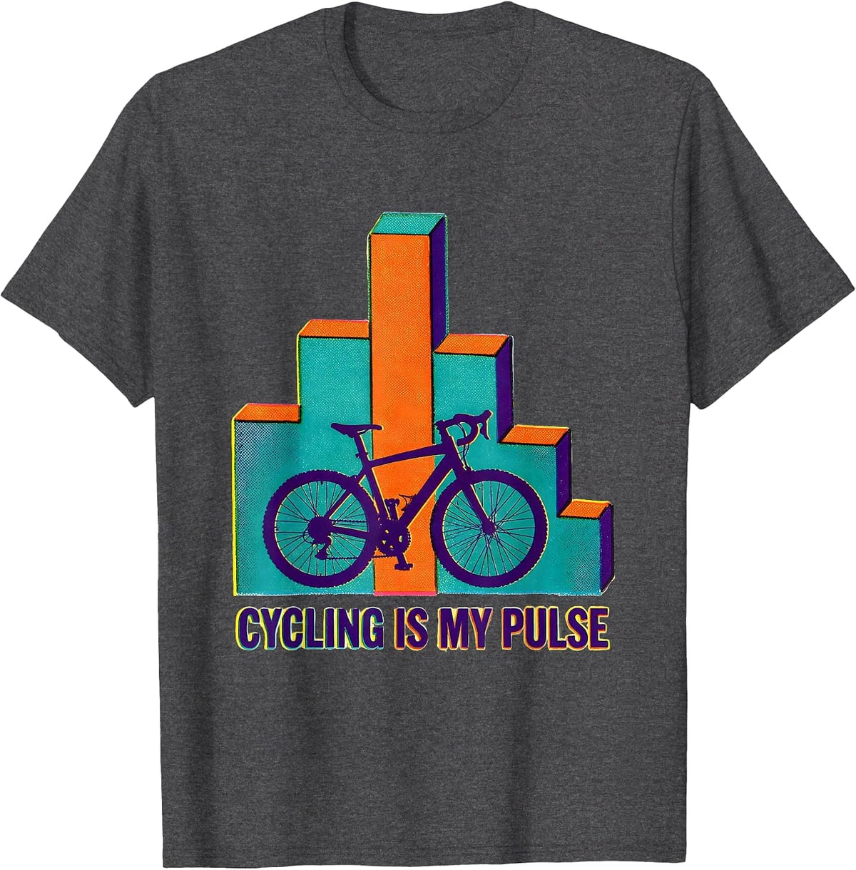 Cycling Is My Pulse Risograph Hobbyist Heartbeat Graphic T-Shirt - Dark Heather Grey