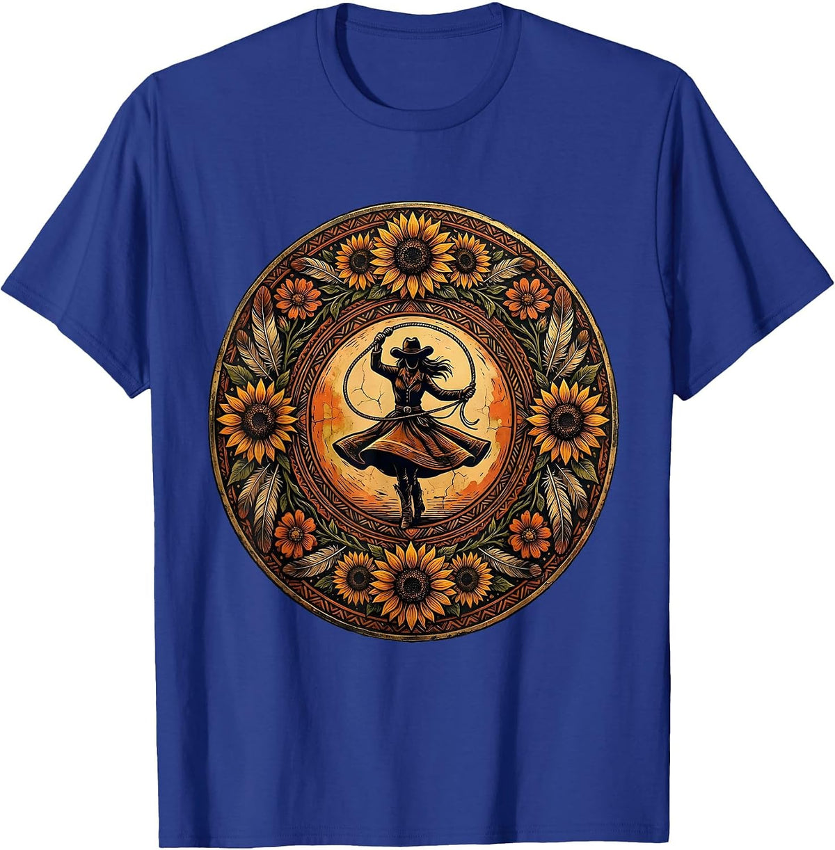 Men's White Cowgirl Twirling Lasso at Sunset T-Shirt - Royal Blue