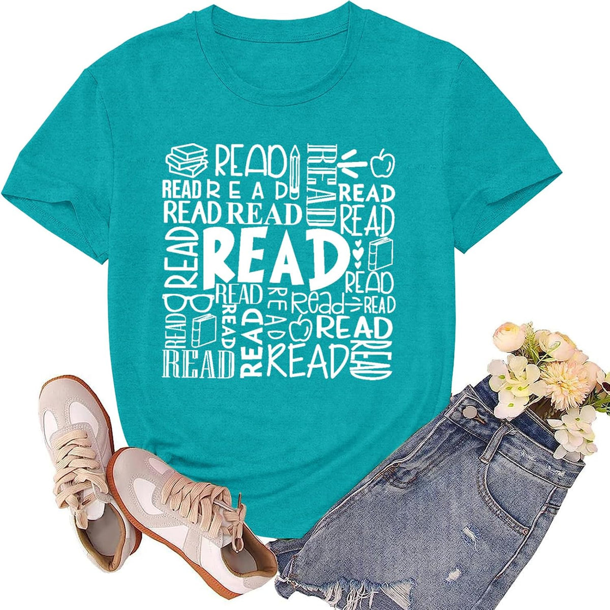 Womens Reading Shirt Book Reader Tshirt Book Lover Shirts School Bookworm Tee Tops - Cyan