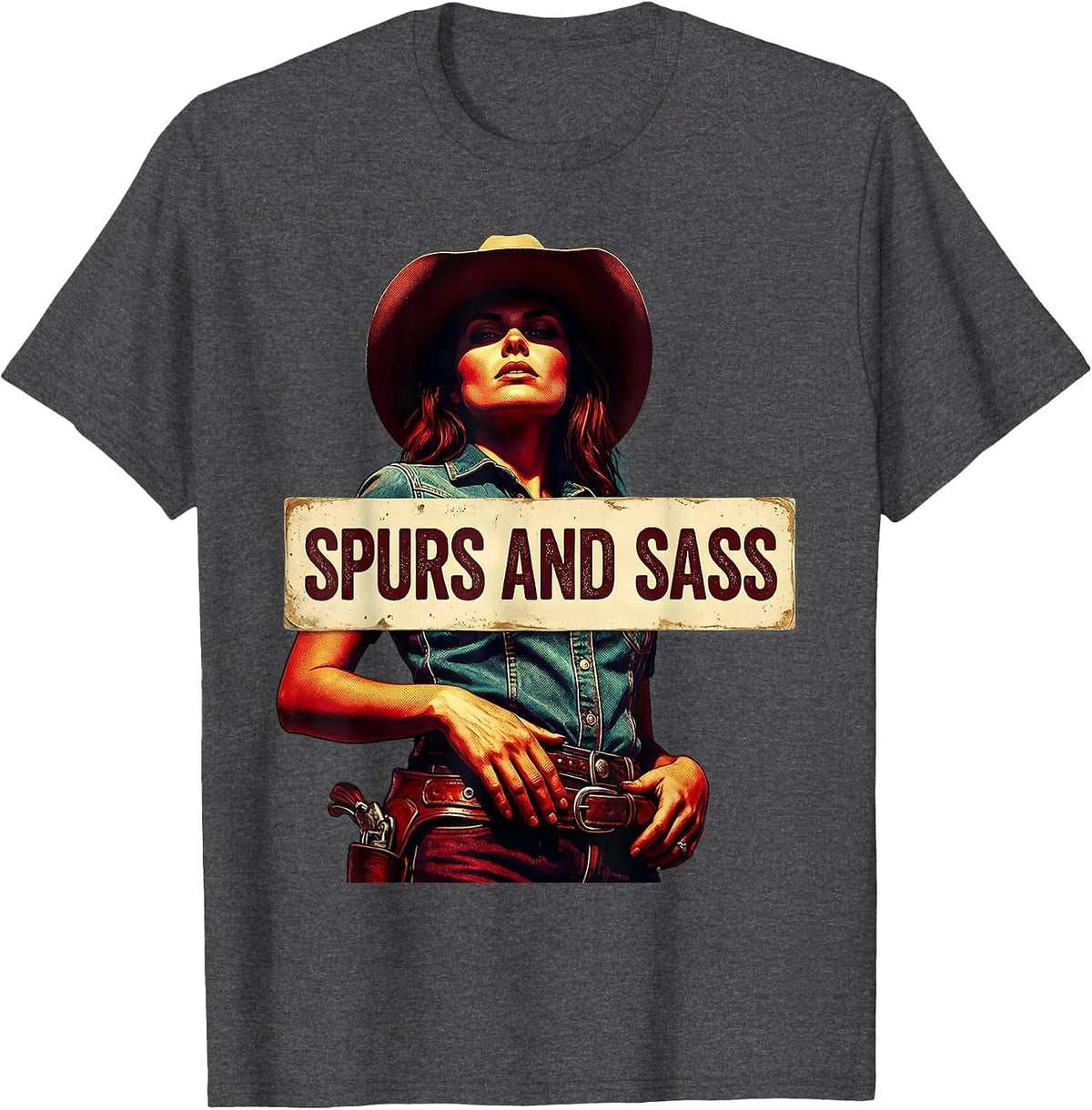 Spurs and Sass Cowgirl Graphic Design T-Shirt - Dark Heather Grey