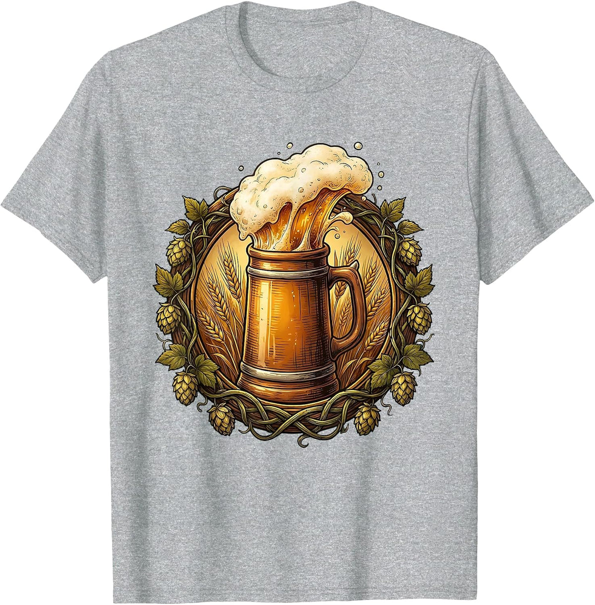 Men's Oktoberfest Beer Stein Overflowing Hops Graphic T-Shirt - Heather Grey