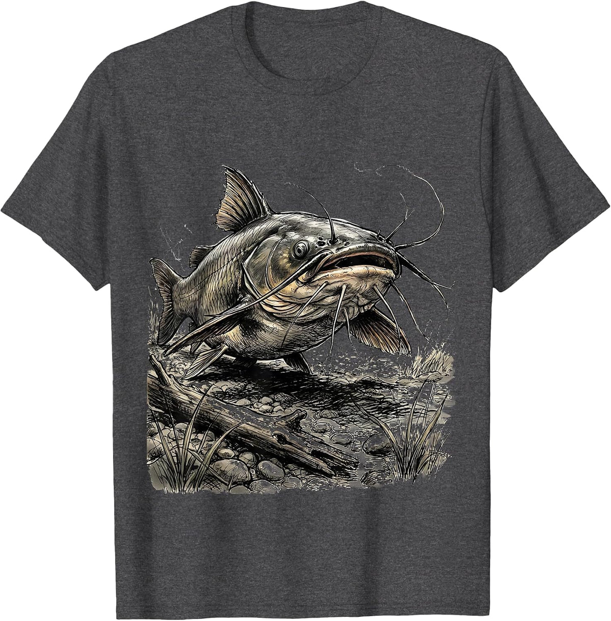 Catfish River Bottom Fishing Graphic T-Shirt - Dark Heather Grey