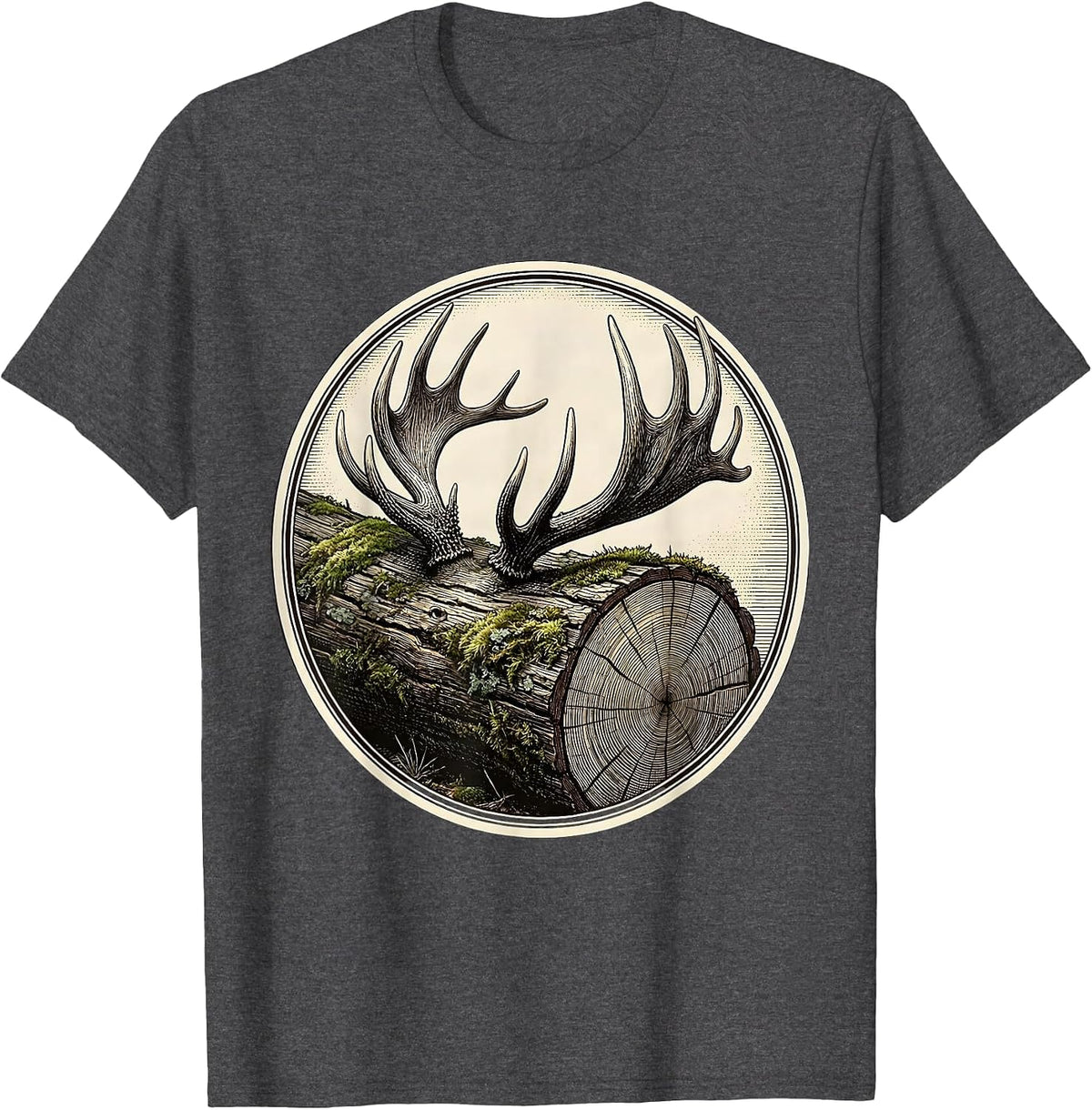 Men's Antler Shed on Mossy Log Hunting Illustration T-Shirt - Dark Heather Grey