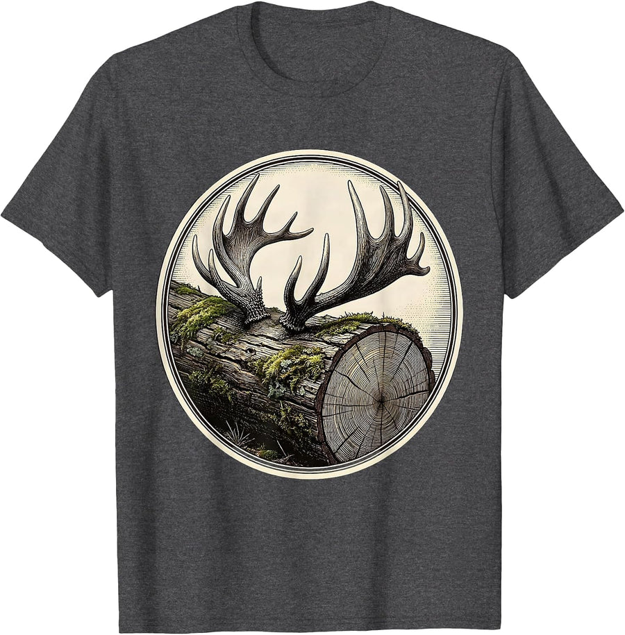 Men's Antler Shed on Mossy Log Hunting Illustration T-Shirt - Dark Heather Grey