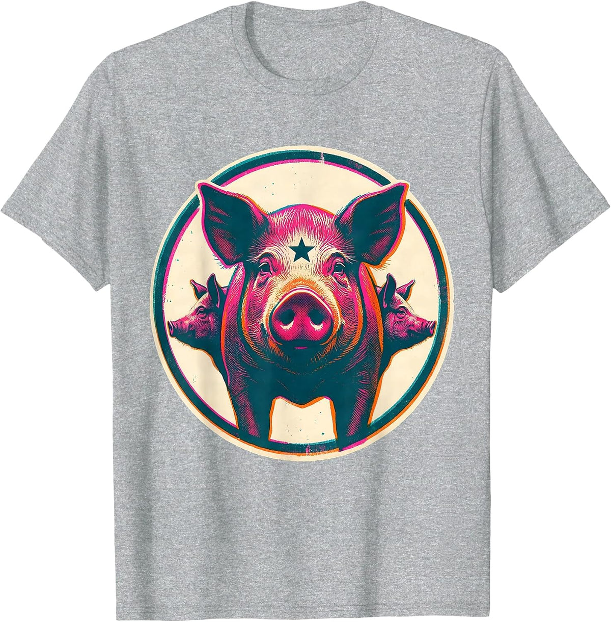 Men's Pig Badge Farm Animal Lover Humor Risograph T-Shirt - Heather Grey