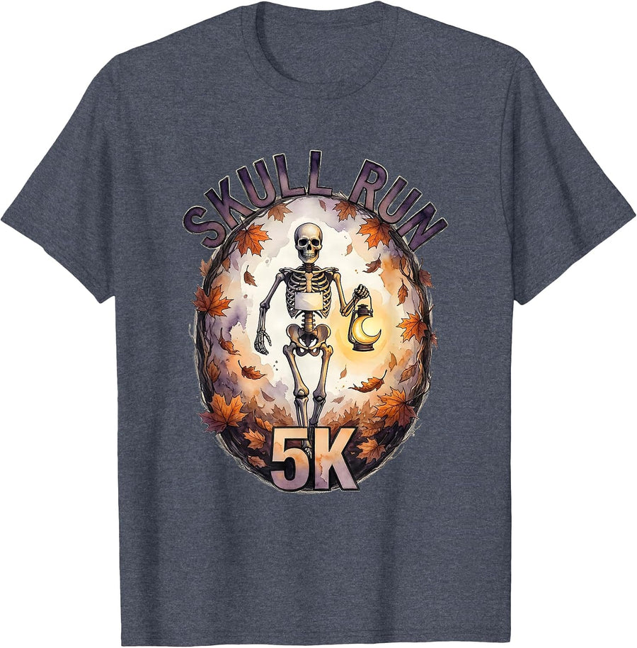 Skull Run 5K Watercolor Skeleton Runner Halloween Fun Run T-Shirt - Heather Blue