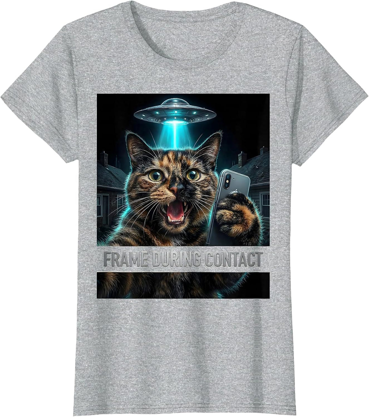 Frame During Contact Hyperreal Cat UFO Selfie Humor T-Shirt - Heather Grey