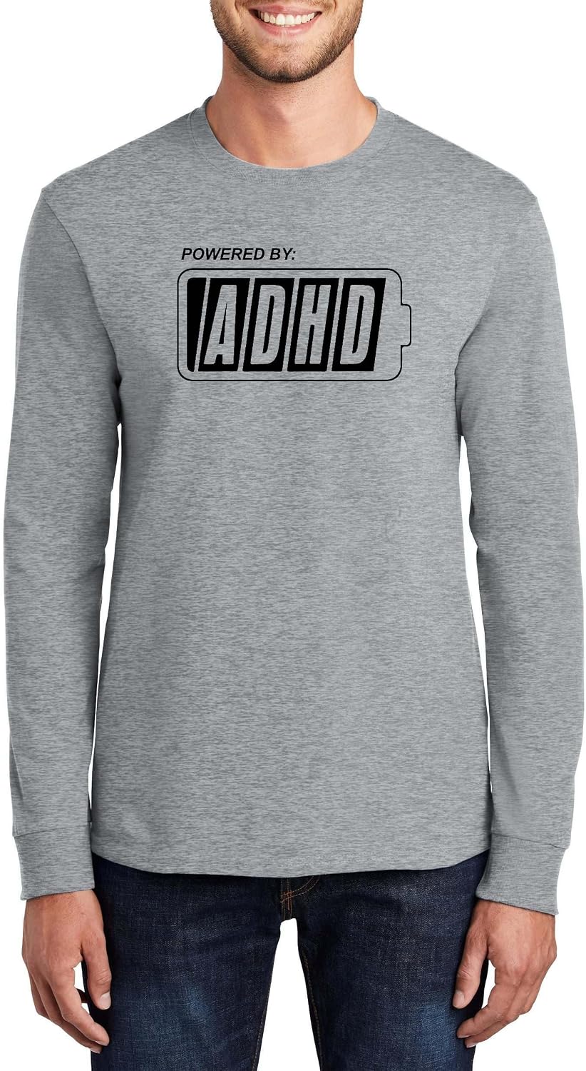 Powered by ADHD Battery Graphic Funny Neurodiversity Top Cotton Tee Adult Youth Tall Men Women - Mens Long Sleeve Sport Grey